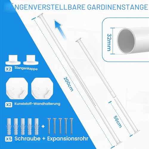 WELDUN Vorhangstange ohne Bohren 98-150cm Gardinenstange ohne Bohren Φ32mm Duschvorhangstange inkl 2 Wandsockel Metall Teleskopstange… – Ansicht 3