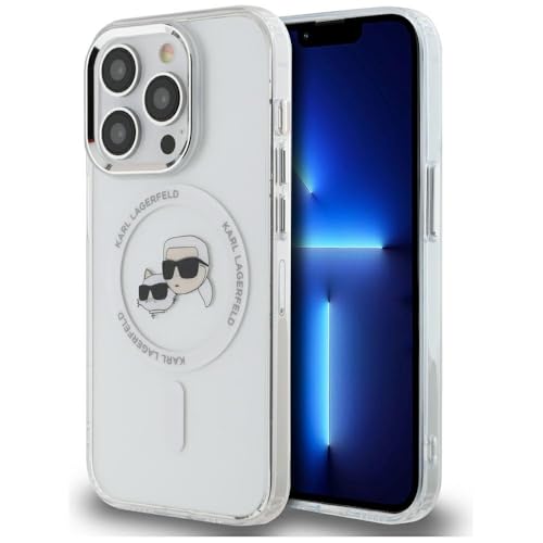 CG Mobile Karl Lagerfeld KLHMP14LHLSKCH Coque Rigide pour iPhone 14 Pro 6,1" Blanc Motif tête de Karl & Choupette en métal