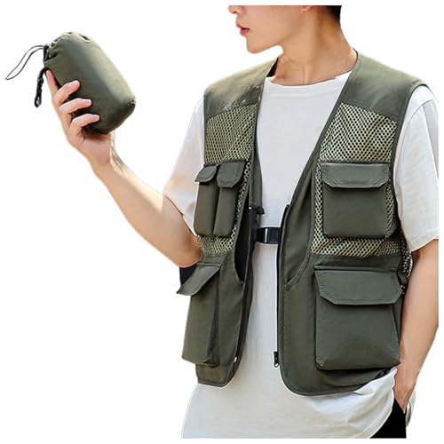 メンズ メッシュベスト 夏用 薄手 ジレ カメラマン ジャケット フィッシングベスト 作業着 釣り 撮影 登山 アウトドアベスト おしゃれ 軽量 通気 速乾 多機能 多ポケット チョッキ カジュアル 春 夏 秋 大きいサイズ(M/グリーン)
