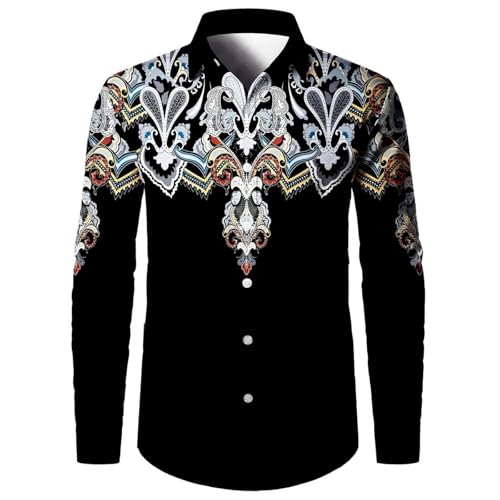YOSUWOAI Chemises hawaïennes pour homme - Imprimé loup indien - Manches longues - Style natif - Col à revers - Style ethnique - Chemise à manches longues - Coupe ajustée - Chemise de loisirs, O Noir