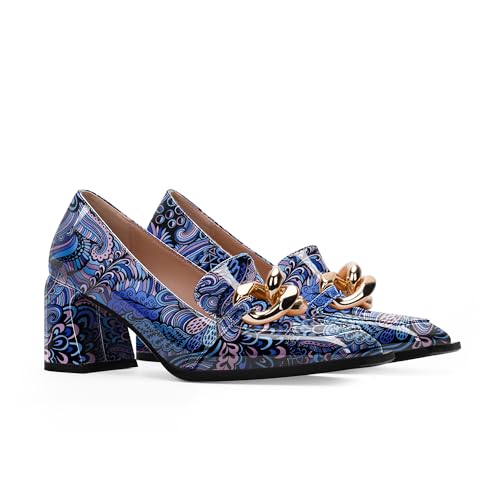 Women's Square Toe Slip On Metal Chain Pumps Chunky Heel Patent Leather Dress Shoes4