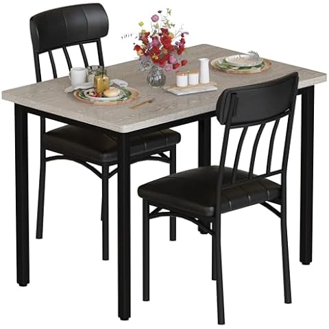 AWQM 3 Piece Dining Table Set, Small Industrial Kitchen Table and 2 Chairs, Kitchen Breakfast Dining Table Set, Breakfast Table Set for Dining Room, Living Room, Apartment, Small Space, Grey Cover