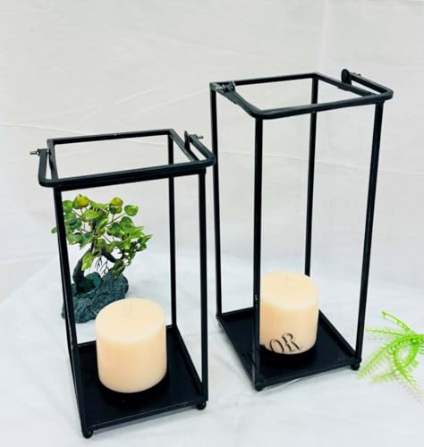 Modern Farmhouse Decor, Black Metal Hanging Candle Lanterns Decorative Indoor Set of 2, Rustic Candle Holder Decoration for Living Room/Home/Outdoor/Table/Fireplace/Mantle/Wedding/Porch
