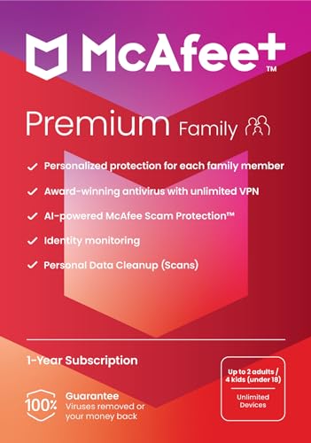McAfee+ Premium Family 2023 | Unlimited Devices | Premium Security | Enhanced Identity Monitoring | Online Privacy Protection |Parental Controls| 1 Year Subscription with Auto Renewal| Key Card