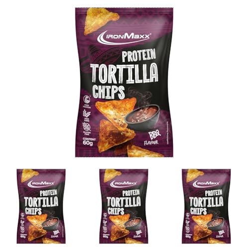 IronMaxx Protein Tortilla Chips – Barbecue Bolsa de 60 g | Snack crujiente alto en proteínas de soja y yuca | Rico en fibra y sin gluten | Ideal para una dieta consciente y para llevar (Paquete de 4)