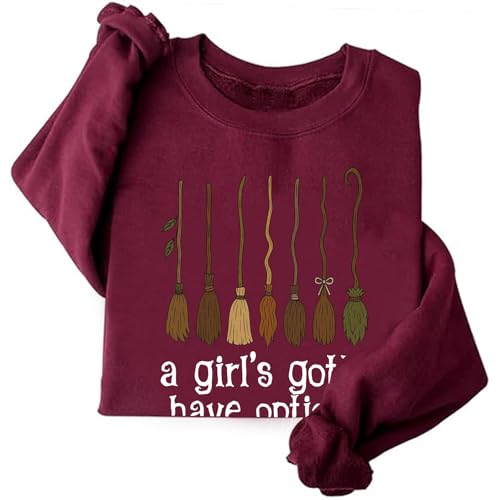 Image of A Girl Gotta Have Options Sweatshirt for Women Witches Halloween Spooky Season Sweatshirt Long Sleeve Pullover Tops (US, Alpha, X-Large, Regular, Regular, Wine Red)