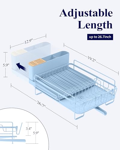 Image of Kitsure Extendable Dish Drying Rack, 19.2 inch-26.7 inch L x 12.9 inch W, Blue | Large Dish Rack, Multifunctional Dish Rack for Kitchen Counter, Anti-Rust Dish Drainers with Cutlery & Cup Holders