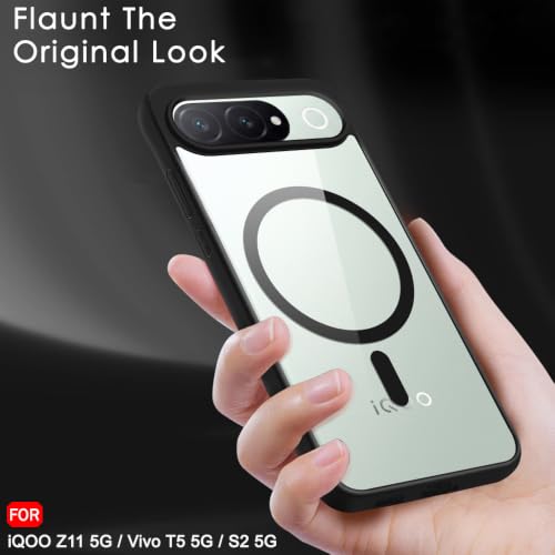 Image of TheGiftKart Hybrid Shockproof Back Cover Case for iQOO Z11 5G / Vivo T5 5G / S2 5G Compatible with MagSafe | Camera Protection Module | Hard Back Cover (PC & TPU, Transparent Clear Back, Black Sides)