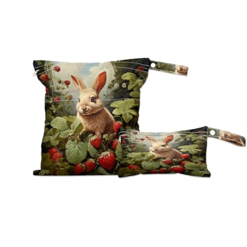 2 Pack Wet Bags for Swimsuits, Flowers Strawberry Bunny Waterproof Washable Dirty Clothes Bag Wet Dry Bag with Zipper Pocket Wet Clothes Bag Bathing Suit Workout Bag Wet Swimsuit Bag for Travel Beach