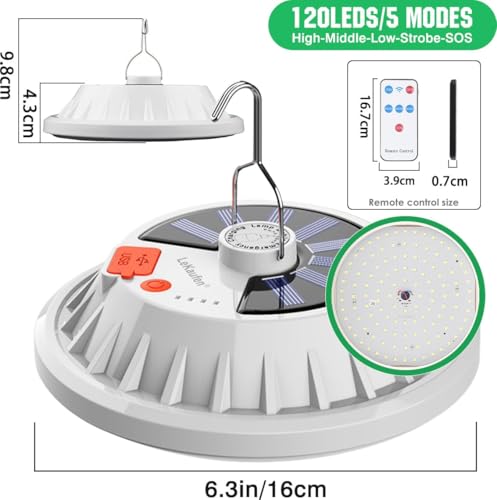 Image of CALF USB Solar Camping Light, 4000LM Portable LED Rechargeable Lantern with Remote, 120 LEDs, 5 Modes, IPX4 Waterproof, Hanging Hook, for Camping, Hiking, Emergency