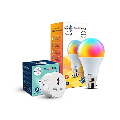 Image of Wipro Smart Home Combo 10Amp Smart Plug & 12.5 W Smart Wi Fi LED Bulb with Music Sync | Suitable For Bedroom, Hall, Kitchen | Alexa & Google Assistant Enabled | 1 B22 Smart Bulb, 1 Smart Plug