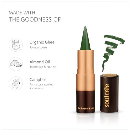 Image of SoulTree Ayurvedic Kajal | Moss Velvet Kajal 002 | Green Shade | Enriched with 100% Organic Ghee, Almond Oil & Camphor | Soothe, Cool & Nourish Eyes | 3gm