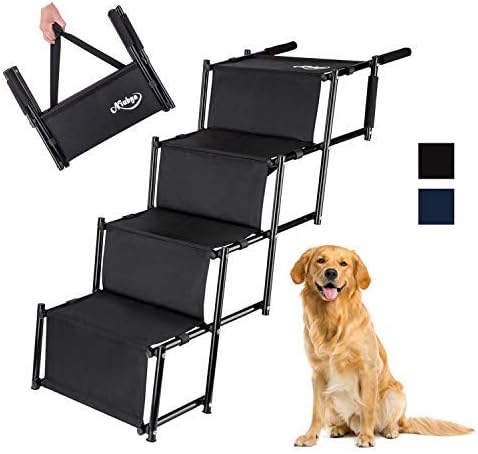 Niubya Folding Car Dog Steps Stairs, Lightweight Accordion Portable Rustproof Metal Frame 4 Pet Steps Ladder with Durable Waterproof Ballistic Nylon, Great for Car, Truck, SUV and High Bed, Black