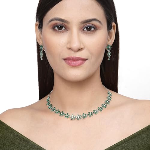 American Diamond Flower Jewellery Set (Green)