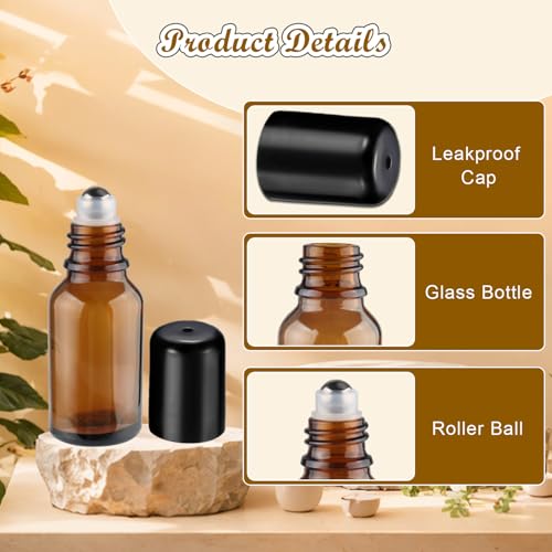 12 Pcs Essential Oil Roller Bottles Amber Glass Roller Bottles Refillable Cosmetic Vials Containers with Stainless Steel Roller Balls & Black Lid - 15ml/0.5oz3