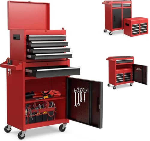 Heavy Duty 5 Drawer Tool Chest, Rolling Tool Box Cabinet on Wheels, 2-in-1 Detachable Metal Tool Storage Organizer for Garage and Workshop, Locking Steel Tool Cart with Portable Top Tool Box,Black&Red by IDEALHOUSE - Used condition - US$135.16