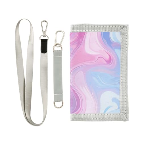 Pastel Marble Wallet with Lanyard and Zipper - Metal Key Ring and Multi Card Bit,Transparent Compartment Credit Card Holder for Kids, Students