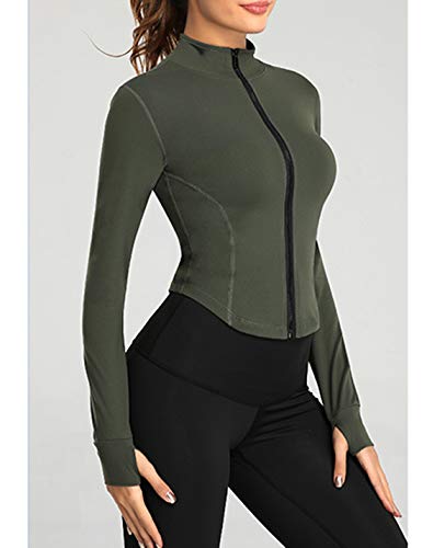 Tanming Women's Full Zip Seamless Workout Jacket Running Yoga Slim Fit Track Jacket (Armygreen-XS)