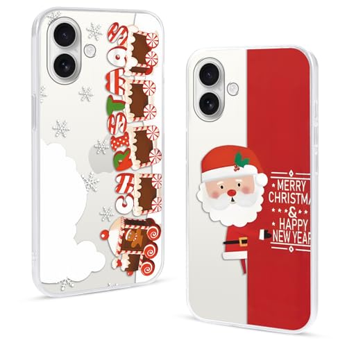 2 Pezzi Natale Cover per Apple iPhone 16 Plus 6.7Albero con Cervo Babbo Regali Fiocco di neve Natalizie Carino Pupazzo di neve di Christmas Regalo Antiurto Protezione Case7 donna