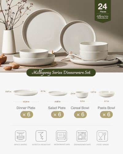 Image of Famiware Milkyway Stoneware Dinnerware Sets with Pasta Bowls, Service for 6 (24 Pieces), Reactive Glaze Plates and Bowls Sets, Microwave and Dishwasher Safe Dishes Set, Matte Beige White