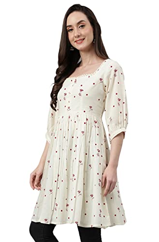 Image of Janasya Women's Cambric Cotton Botanical Print Flared Western Tunic Shirt