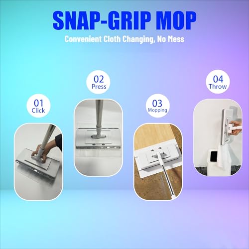 Image of Upgrade Push Clamp Mop Kit - 2-in-1 Full Size Lazy Sweeper Mop with Convenient Cloth Changing, Compatible with Swiffer Pads, Hardwood Tile Marble Floor Cleaning, 52in with 10 Reusable Cloths