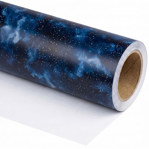 SaringSwoon Galaxy Star Wrapping Paper Roll for Boys - Midnight Blue Nebula Gift Wrap with White Stars for Kids Birthday Baby Shower Graduation Christmas Holiday Party - 17.5 26 Ft