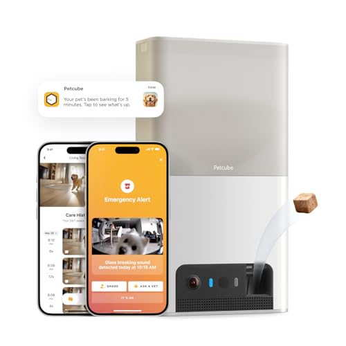 Petcube Bites 2 Lite in white with rounded modern design, integrated treat dispenser opening visible at the front, fixed 160° wide-angle camera lens, app-controlled treat tossing — engineered for cats and small dogs at the under-$100 price tier