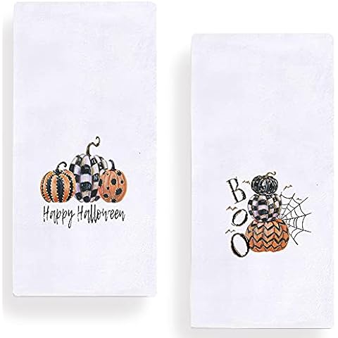Boo Happy Halloween Pumpkin Kitchen Dish Towels, 18 x 28 Inch Fall Harvest Thanksgiving 31 Oct Holiday Tea Towels for Cooking Baking Set of 2 Cover