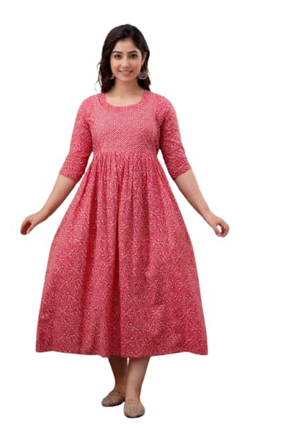 jaipur tales Women's Cotton Printed Maternity Dress | Anarkali Style Pregnancy Kurti with Feeding Access | Ethnic Wear for Expecting Mothers-picture-10