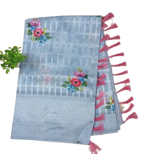 Lucknowi Floral Print Saree with Floral Embroidery & Jacquard Pallu – Soft Silk, Tasseled Border with Blouse Piece (Sky Blue)-picture-18