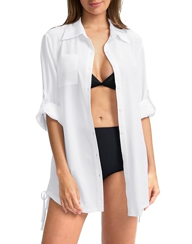 Women's UPF 50+ Long Sleeve UV Sun Protection Shirts Fishing Hiking Button Down Dress Shirt Swim Cover Up for Women