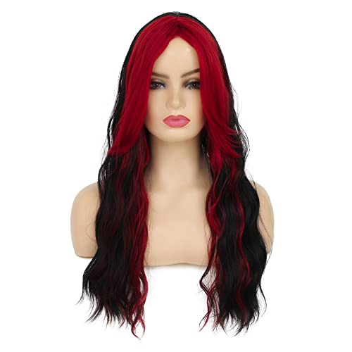 Baruisi Black and Red Long Curly Wavy Middle Part Synthetic Cosplay Wig for Women - Halloween Daily Party - Image 2