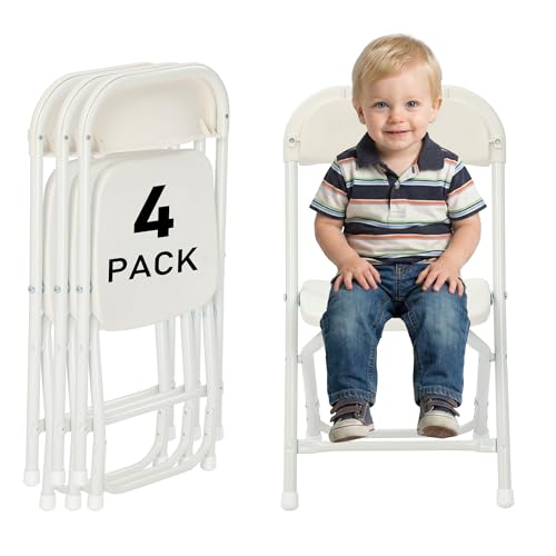 LING RONG 4 Pack Kids White Plastic Folding Chair with Metal Frame for Toddler&Children Lightweight and Stackable Foldable Seats for Indoor Outdoor Classrooms Desks Parties Events
