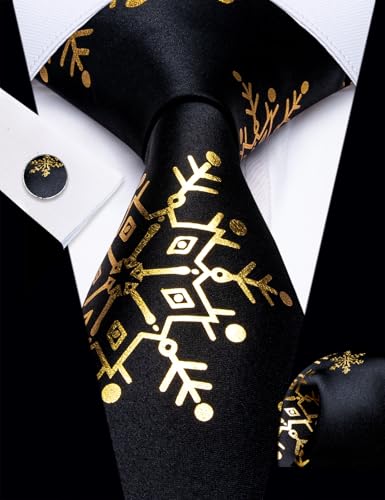 Image of YourTies Christmas Ties for Men Silk Gold Xmas Snowflake Necktie Pocket Square Cufflinks Party Holiday Festival New Year