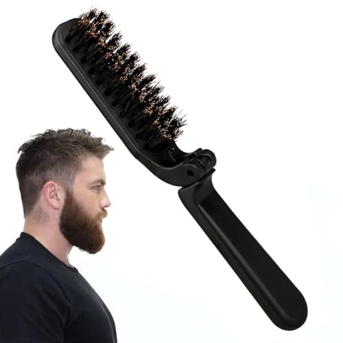 Brosse à barbe pliable - Brosse à barbe en poils de sanglier - Brosse à cheveux de poche pour homme - 9,5 x 4 cm - Outil de coiffure portable pour le toilettage de la moustache et du démêlage de la