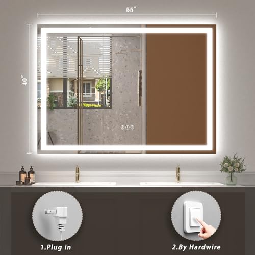 Image of 55x40 inch Large LED Mirror for Bathroom, Lighted Vanity Mirror for Wall, Dimmable, Anti-Fog, Shatter-Proof, ETL Listed (Front Lights + Backlit)