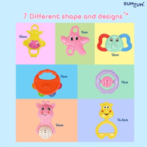Image of BUMTUM 7Pcs. Baby Rattles Attractive Colorful Plastic Non Toxic BPA Free for New Born Babies and Infants (Pack of 1, Multicolor & Multi Designs)