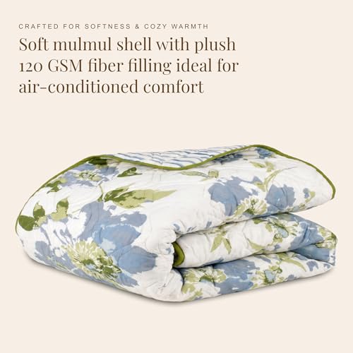 Image of HUESLAND Reversible AC Quilt Blanket Single Bed | 100% Cotton Quilted Shell, Super Soft 120 GSM Microfibre Wadding | Lightweight Comforter for All Weather Use | Floral Fusion - 55 x 88 inches