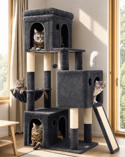 Image of Globlazer Heavy Duty Cat Tree for Indoor Cats Large Adult, F52B, Dark Grey | 3 Condos, Extra-Large Baseboard, Removable Top Perch, 4 Sisal Posts & Board, Hanging Basket, Anti-Topple Strap, Easy Setup