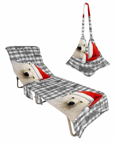 Christmas Bear Beach Lounge Chair Towel Cover, Soft Chaise Lounge Towel with Side Pockets Patio Pool Chairs Cover for Beach/Pool Sunbathing 29x85 Xmas Tree Winter Snowflake Black Plaid