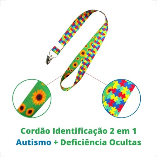 Cordão Dupla Face Girassol e Quebra Cabeça Identificação Autismo e Deficiência Ocultas com clipe por