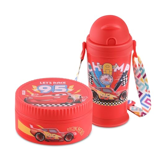 Image of JAYPEE First Step Inner Stainless Steel Insulated Lunch Box Meal and Sip Combo for School Kids Water Bottle Sipper & Disney Princess School Kids Tiffin Box 375 & 270 ml Water Bottle, Red
