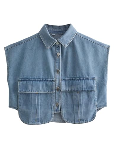 Womens Denim Cropped Button Down Shirt Collared Sleeveless Summer Loose Jean Crop Top with Pockets