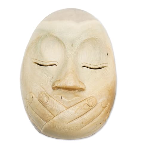 NOVICA Handmade Artisan Wood Mask Wordless Hibiscus Modern Beige Indonesia