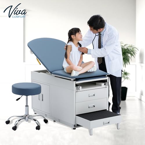 Viva Comfort Grande Medical Exam Table, Adjustable Exam Bed with Step Stool, Storage Cabinets, Foot Rest and Stirrups,47.64” L x 26.77” W x 29.13” H, Blue