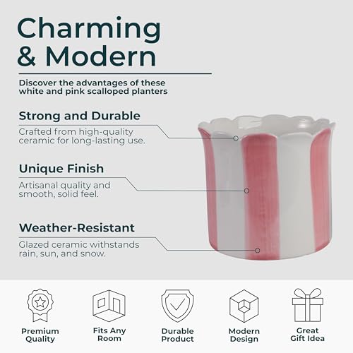 Set of 2 Ceramic Planters – Planter Pots for Greenery, Indoor or Outdoor Decor for Living Room, Patio, or Balcony – Striped Scallop Design for a Soft Tailored Look, Home Decor – 6" & 7", Pink & White by Sagebrook Home - Image 5