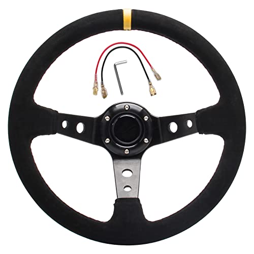 Somusen Universal Racing Steering Wheel Suede Deep Dish 14”/350Mm 6 Bolts With Horn Button Include Cable,Wrench (Yellow) #TOP14