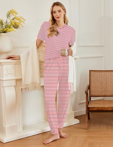 Image of Ekouaer Pajamas for Women Set 2 Pack Lounge Set Short Sleeve Pjs Joggers Long Pants Loungepwear with Pockets