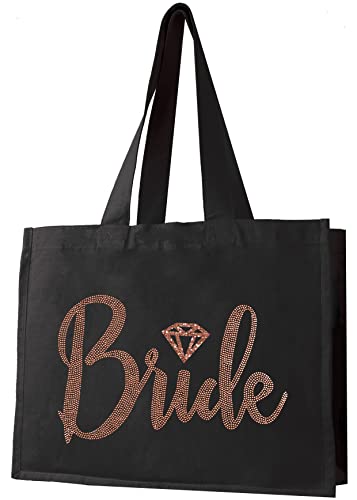 Bride Tote Bag - Rose Gold Rhinestud Diamond Bride Canvas Tote Bag - Wedding Day Bridal Accessories - Black(RGBrdDmd)